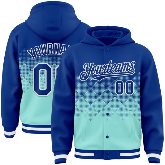 Custom Royal Ice Blue-White Gradient Square Shape 3D Pattern Design Bomber Full-Snap Varsity Letterman Hoodie Jacket - Main View
