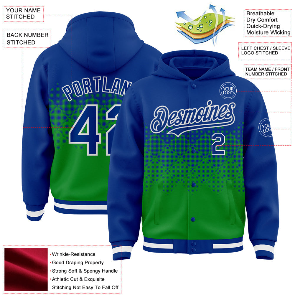 Custom Royal Grass Green-White Gradient Square Shape 3D Pattern Design Bomber Full-Snap Varsity Letterman Hoodie Jacket view 3