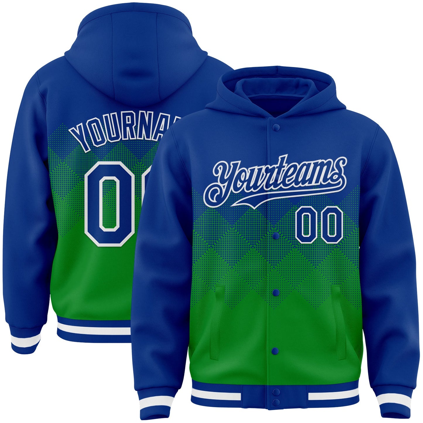 Custom Royal Grass Green-White Gradient Square Shape 3D Pattern Design Bomber Full-Snap Varsity Letterman Hoodie Jacket - Main View