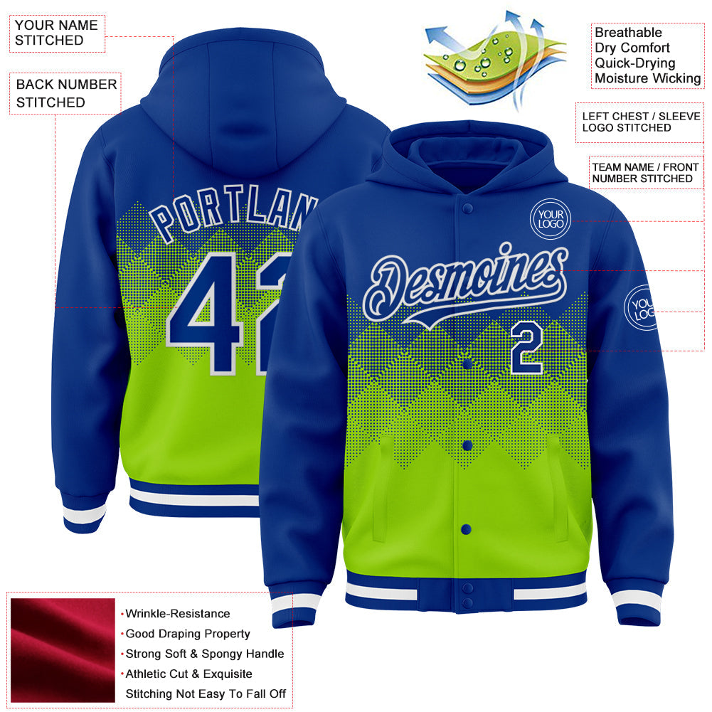 Custom Royal Neon Green-White Gradient Square Shape 3D Pattern Design Bomber Full-Snap Varsity Letterman Hoodie Jacket view 3