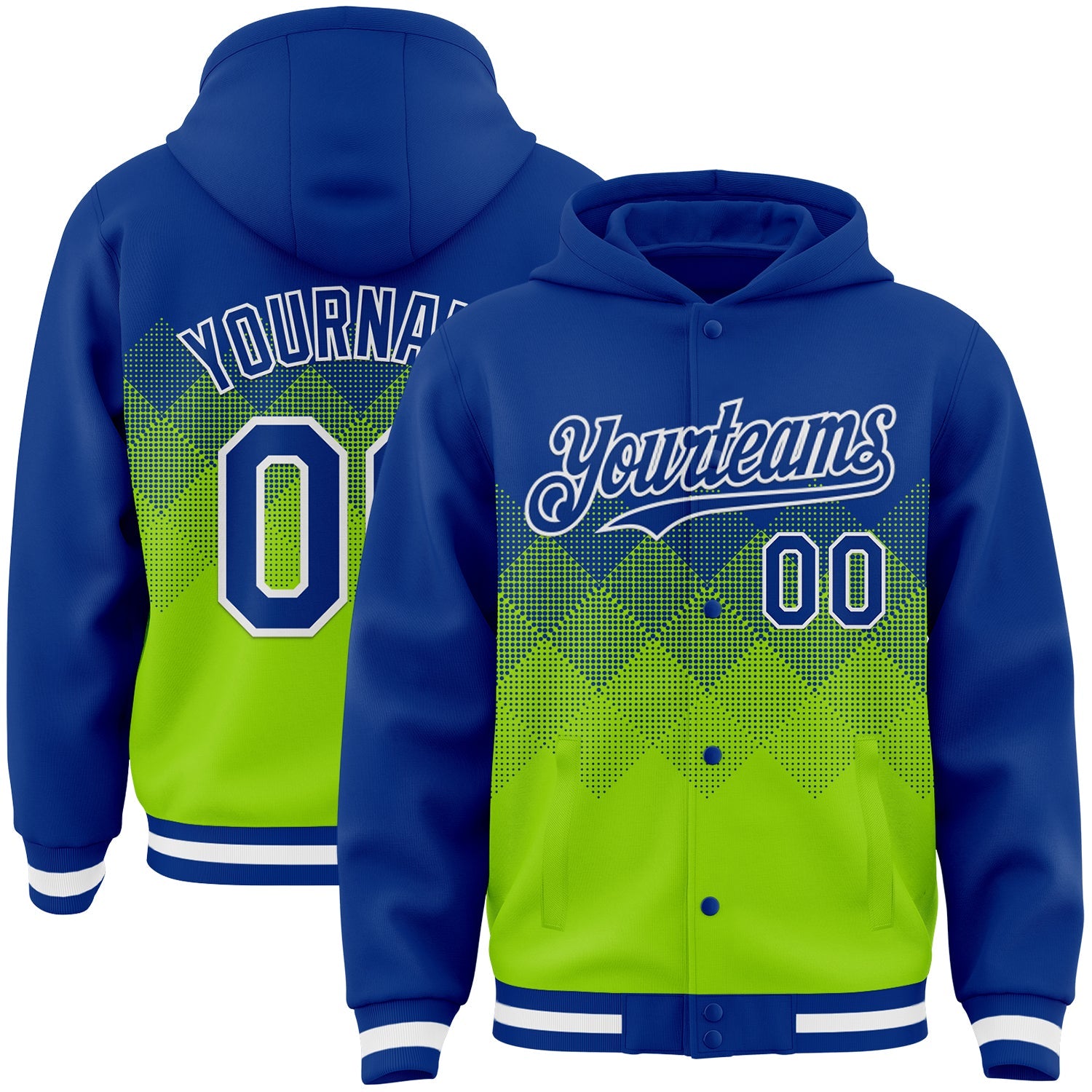 Custom Royal Neon Green-White Gradient Square Shape 3D Pattern Design Bomber Full-Snap Varsity Letterman Hoodie Jacket - Main View