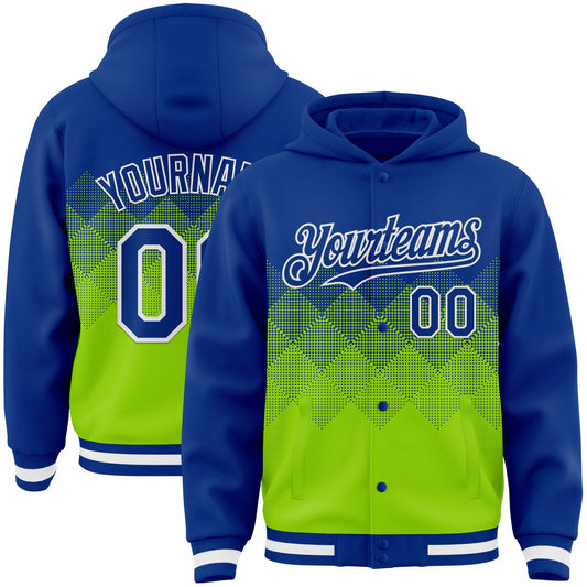 Custom Royal Neon Green-White Gradient Square Shape 3D Pattern Design Bomber Full-Snap Varsity Letterman Hoodie Jacket - Main View