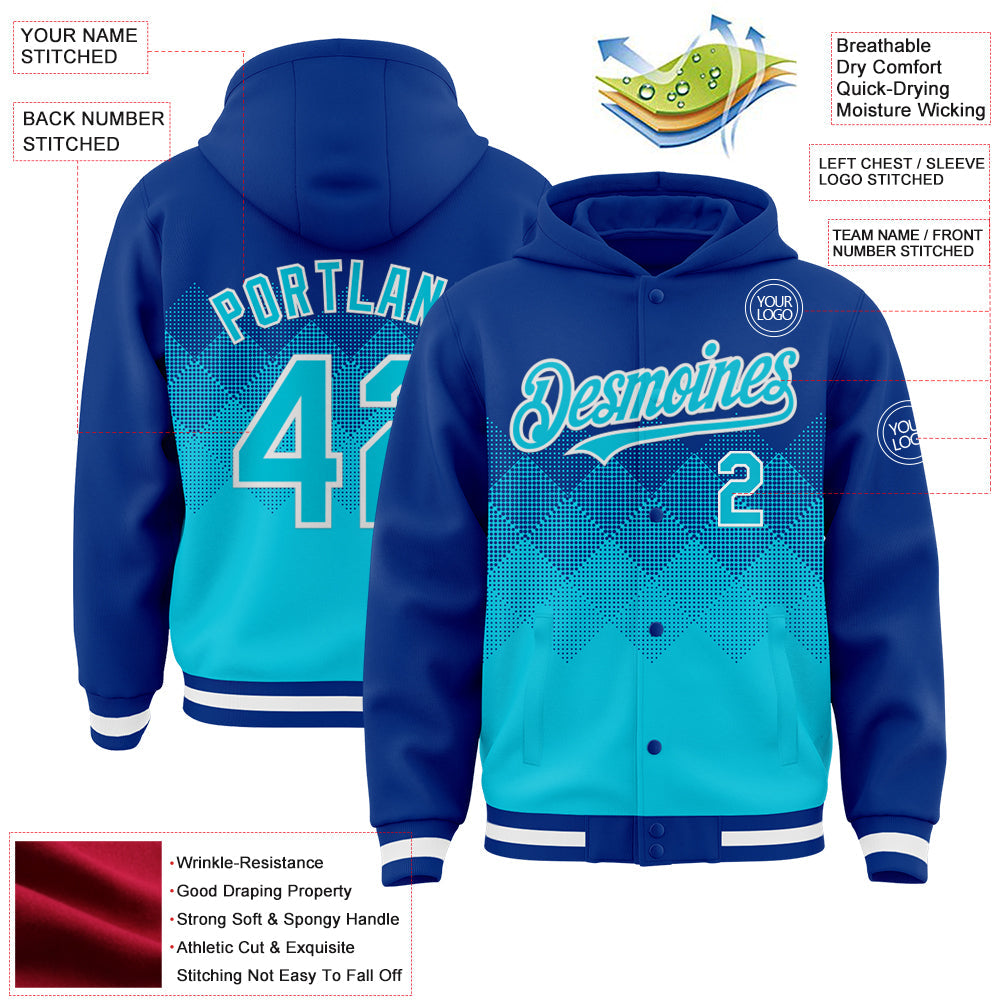 Custom Royal Lakes Blue-White Gradient Square Shape 3D Pattern Design Bomber Full-Snap Varsity Letterman Hoodie Jacket view 3