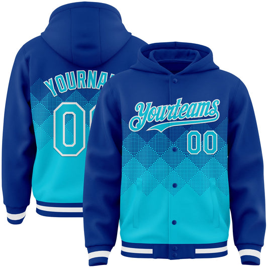 Custom Royal Lakes Blue-White Gradient Square Shape 3D Pattern Design Bomber Full-Snap Varsity Letterman Hoodie Jacket - Main View