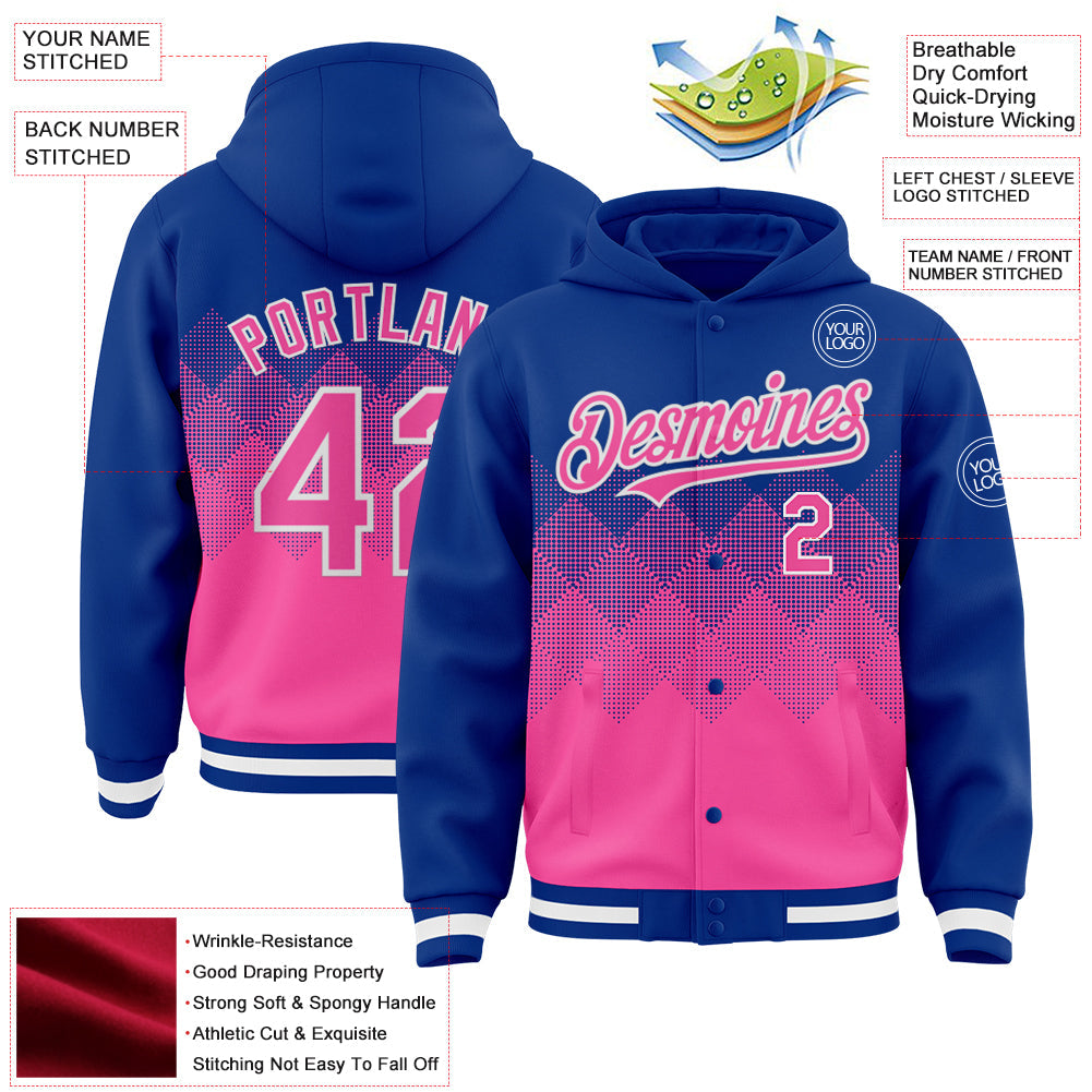 Custom Royal Pink-White Gradient Square Shape 3D Pattern Design Bomber Full-Snap Varsity Letterman Hoodie Jacket view 3