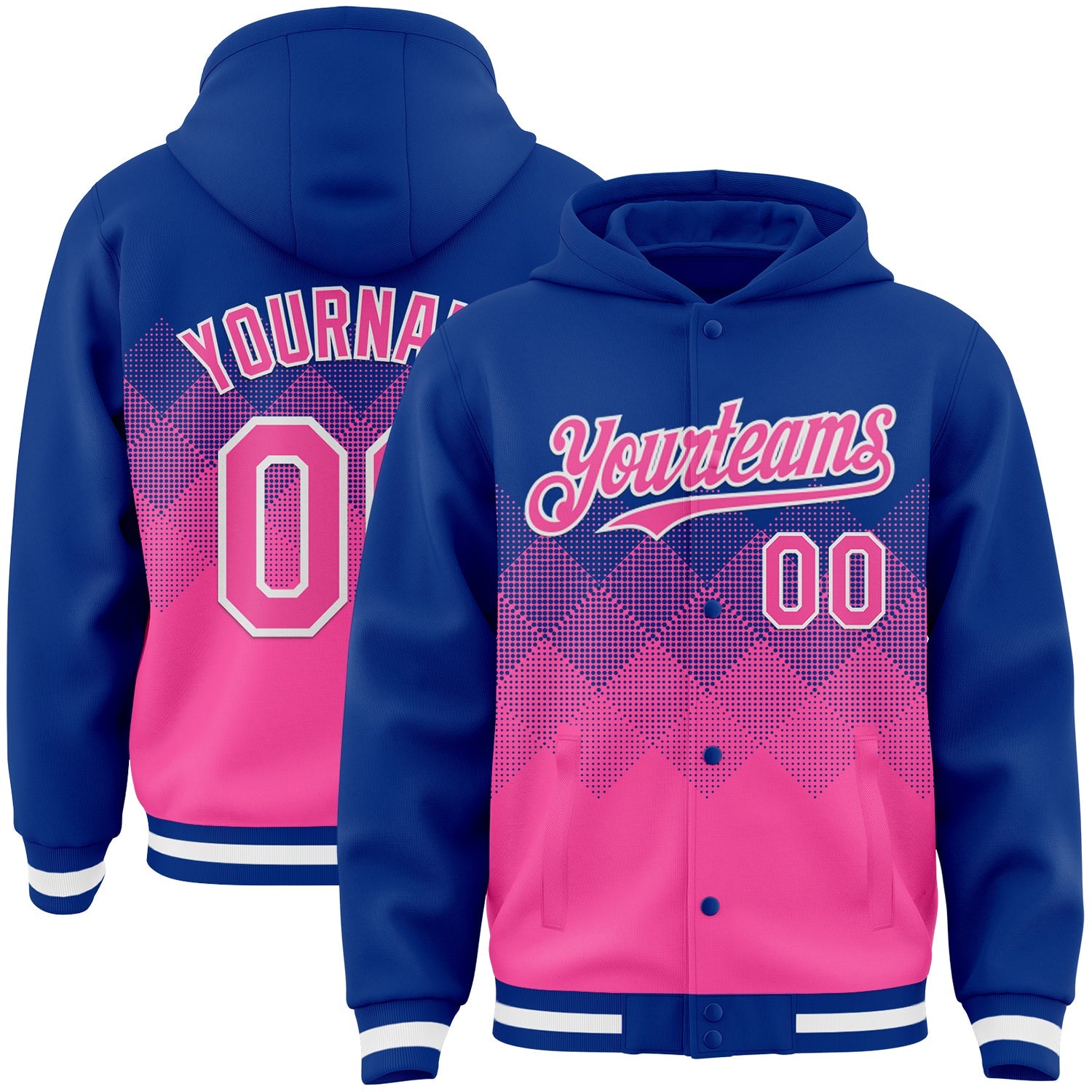 Custom Royal Pink-White Gradient Square Shape 3D Pattern Design Bomber Full-Snap Varsity Letterman Hoodie Jacket - Main View