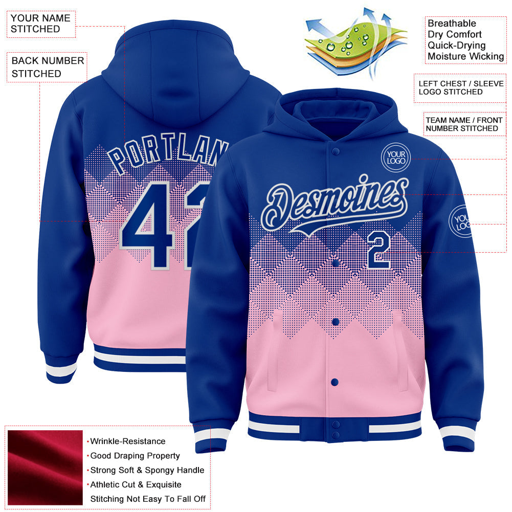 Custom Royal Light Pink-White Gradient Square Shape 3D Pattern Design Bomber Full-Snap Varsity Letterman Hoodie Jacket view 3