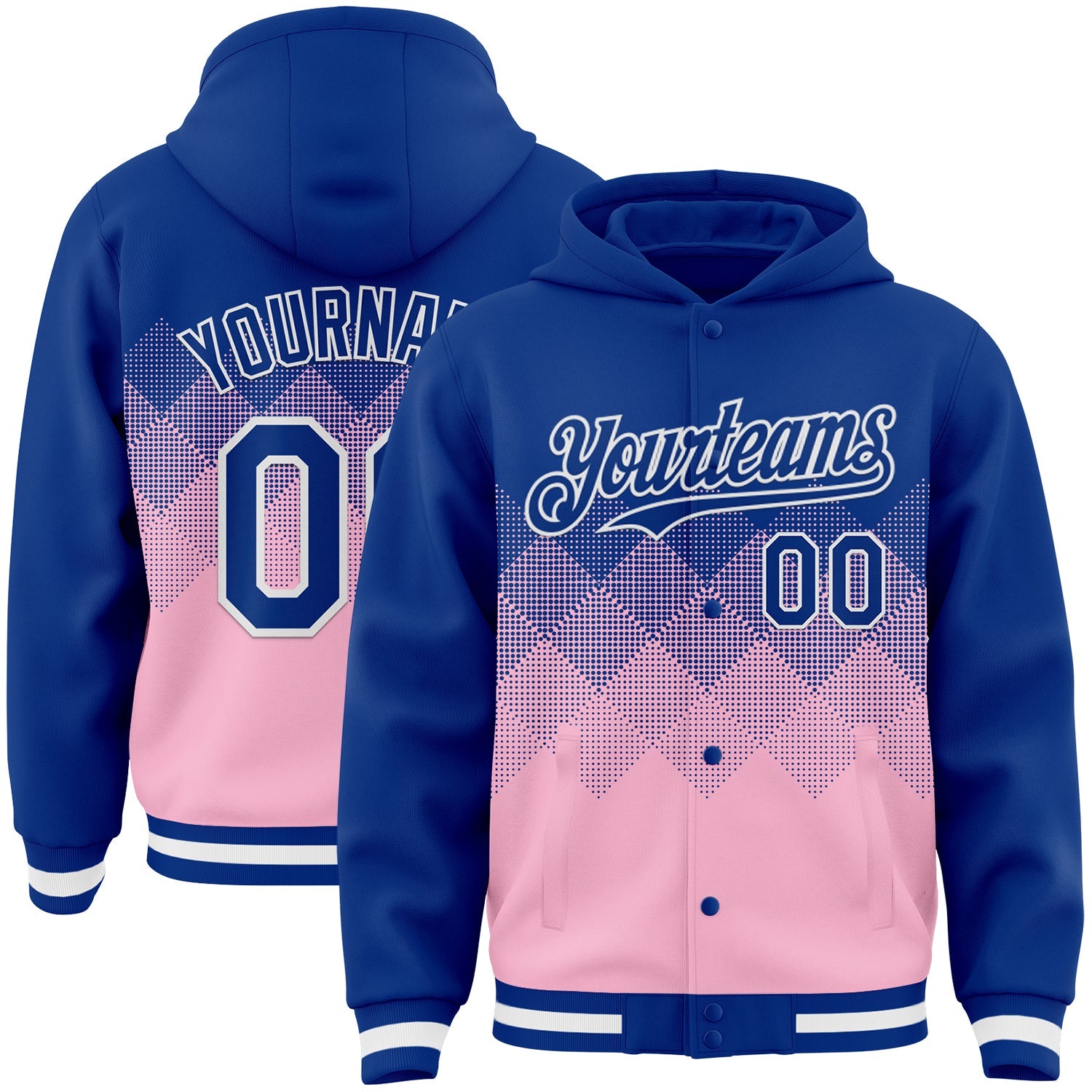 Custom Royal Light Pink-White Gradient Square Shape 3D Pattern Design Bomber Full-Snap Varsity Letterman Hoodie Jacket - Main View