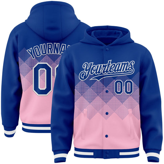 Custom Royal Light Pink-White Gradient Square Shape 3D Pattern Design Bomber Full-Snap Varsity Letterman Hoodie Jacket - Main View