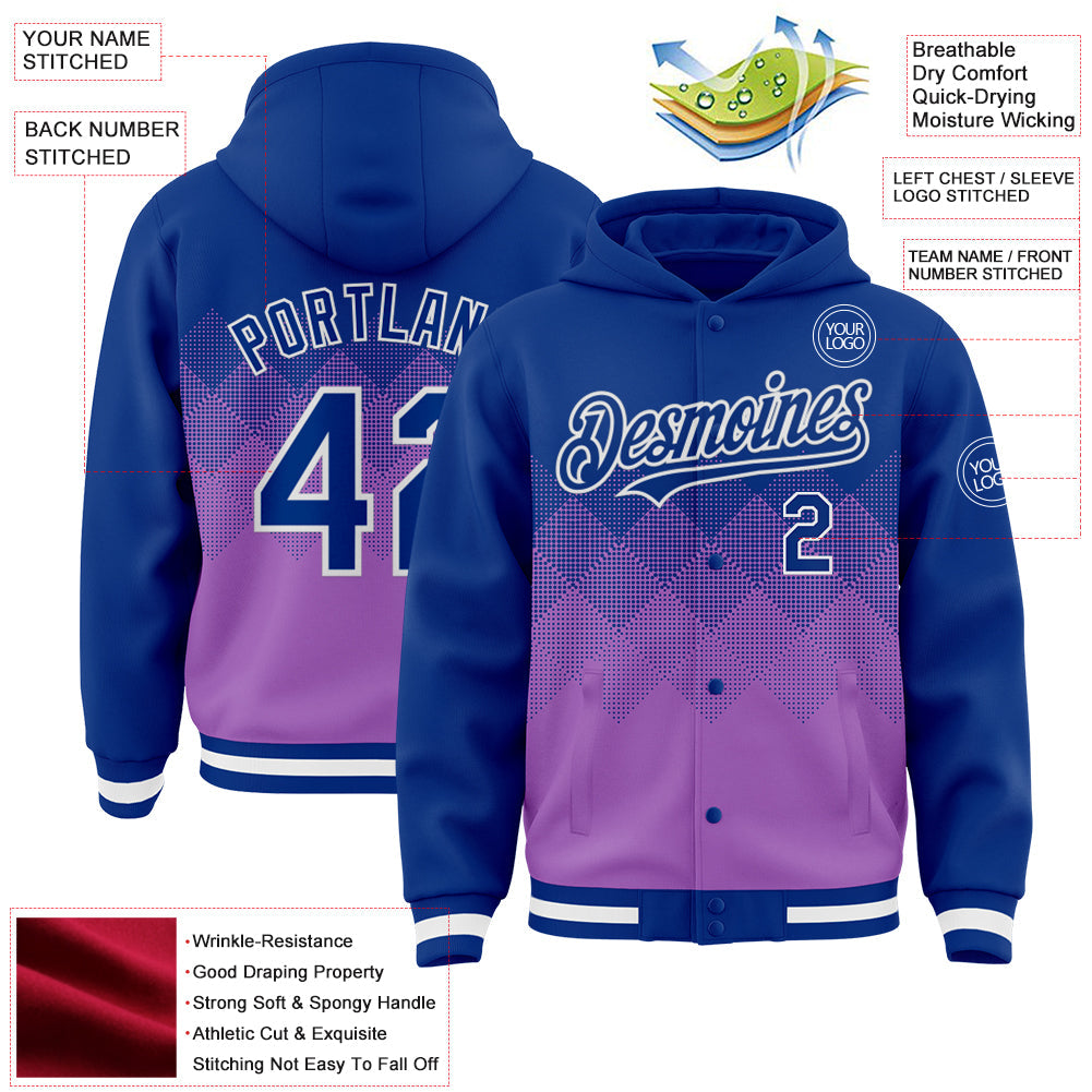 Custom Royal Medium Purple-White Gradient Square Shape 3D Pattern Design Bomber Full-Snap Varsity Letterman Hoodie Jacket view 3