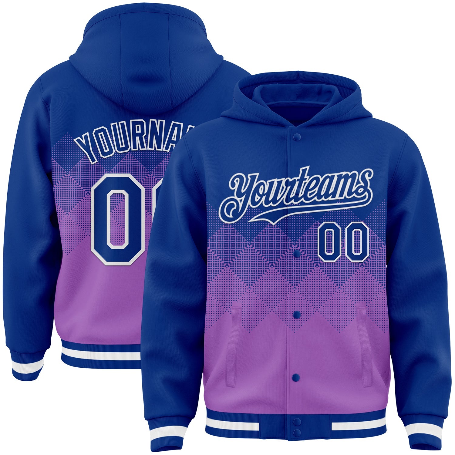 Custom Royal Medium Purple-White Gradient Square Shape 3D Pattern Design Bomber Full-Snap Varsity Letterman Hoodie Jacket - Main View