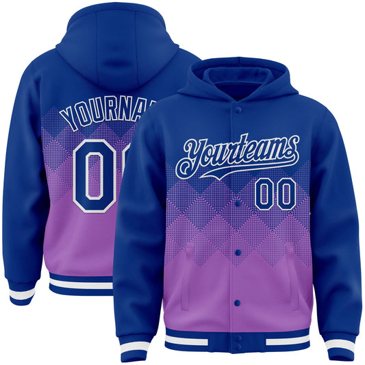Custom Royal Medium Purple-White Gradient Square Shape 3D Pattern Design Bomber Full-Snap Varsity Letterman Hoodie Jacket - Main View