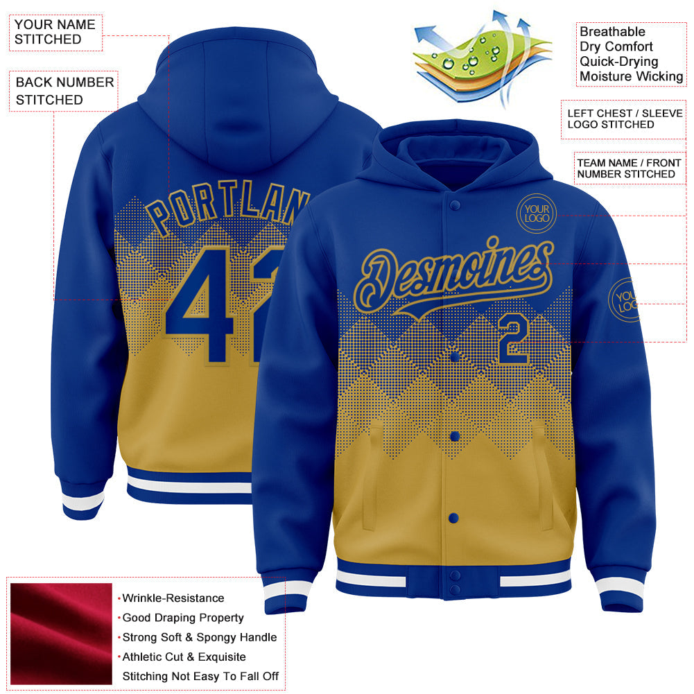 Custom Royal Old Gold-White Gradient Square Shape 3D Pattern Design Bomber Full-Snap Varsity Letterman Hoodie Jacket view 3
