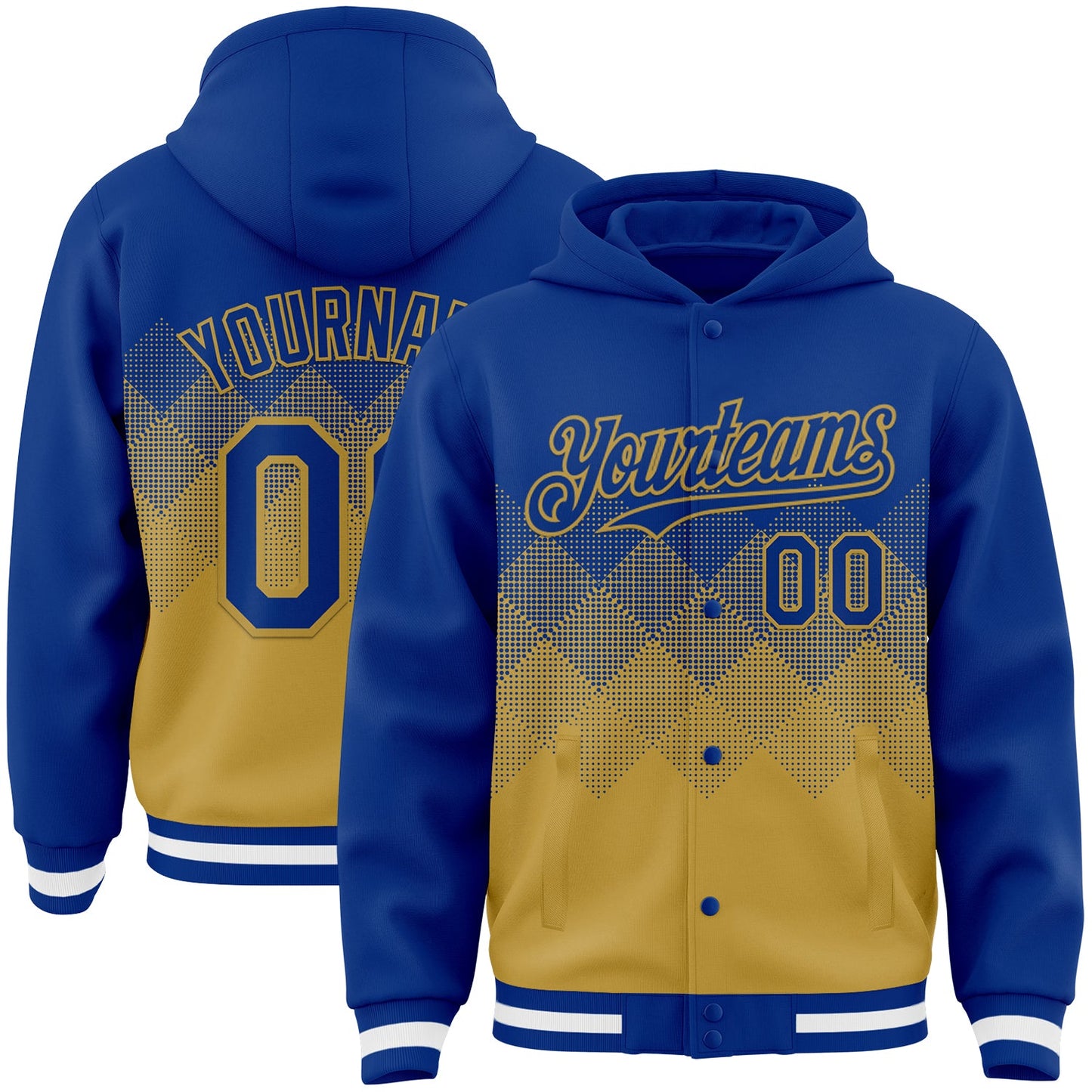 Custom Royal Old Gold-White Gradient Square Shape 3D Pattern Design Bomber Full-Snap Varsity Letterman Hoodie Jacket - Main View