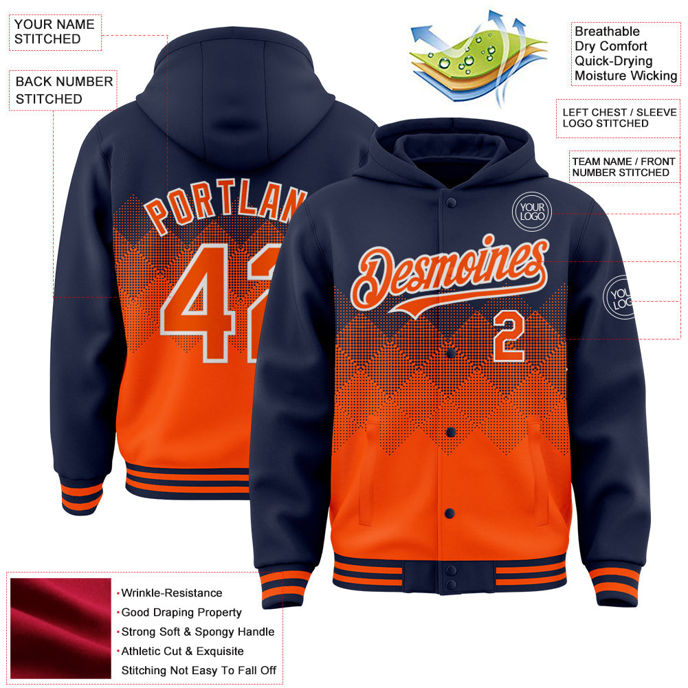 Custom Navy Orange-White Gradient Square Shape 3D Pattern Design Bomber Full-Snap Varsity Letterman Hoodie Jacket view 3