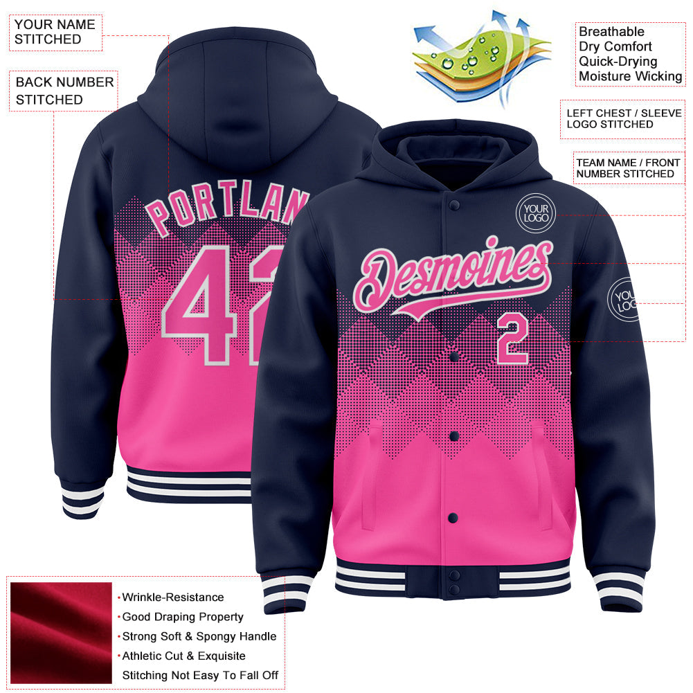 Custom Navy Pink-White Gradient Square Shape 3D Pattern Design Bomber Full-Snap Varsity Letterman Hoodie Jacket view 3