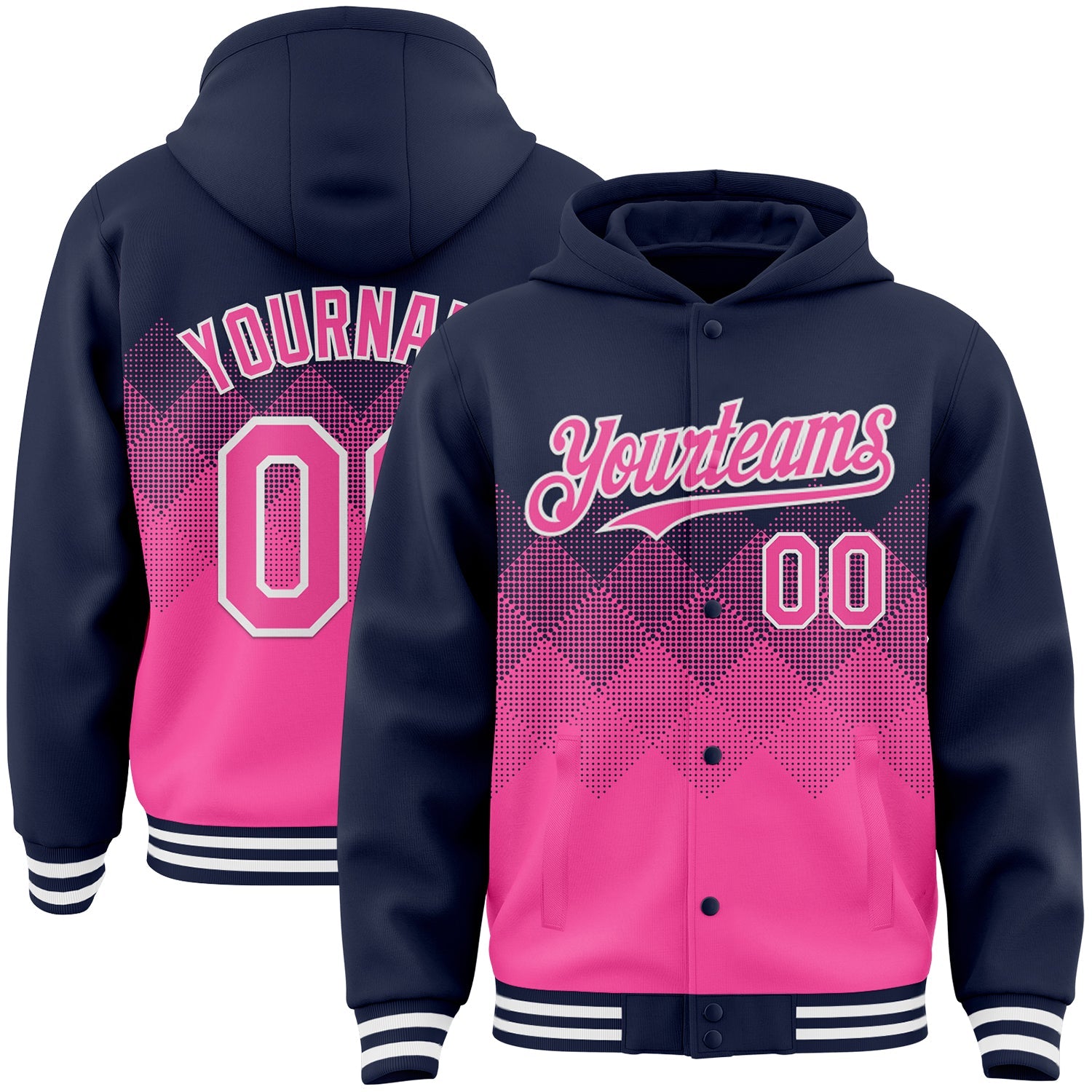 Custom Navy Pink-White Gradient Square Shape 3D Pattern Design Bomber Full-Snap Varsity Letterman Hoodie Jacket - Main View