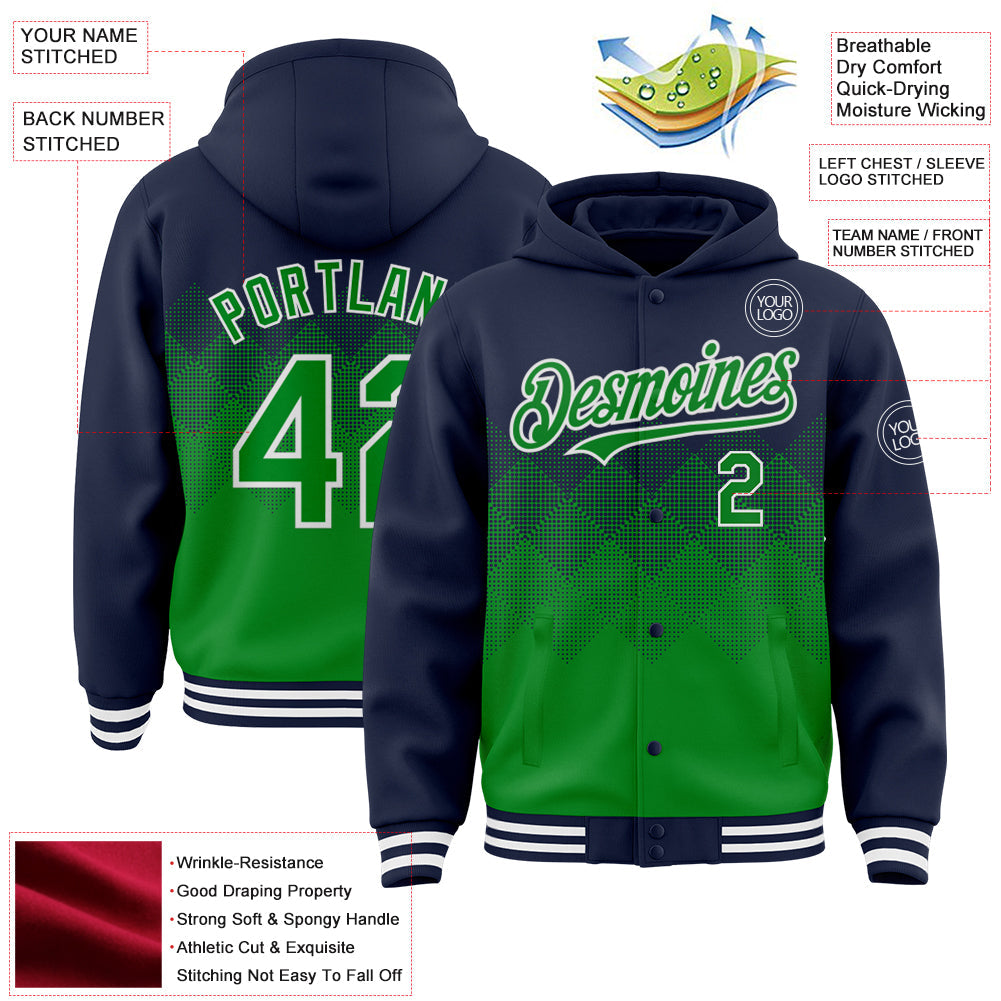 Custom Navy Grass Green-White Gradient Square Shape 3D Pattern Design Bomber Full-Snap Varsity Letterman Hoodie Jacket view 3