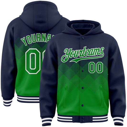 Custom Navy Grass Green-White Gradient Square Shape 3D Pattern Design Bomber Full-Snap Varsity Letterman Hoodie Jacket - Main View