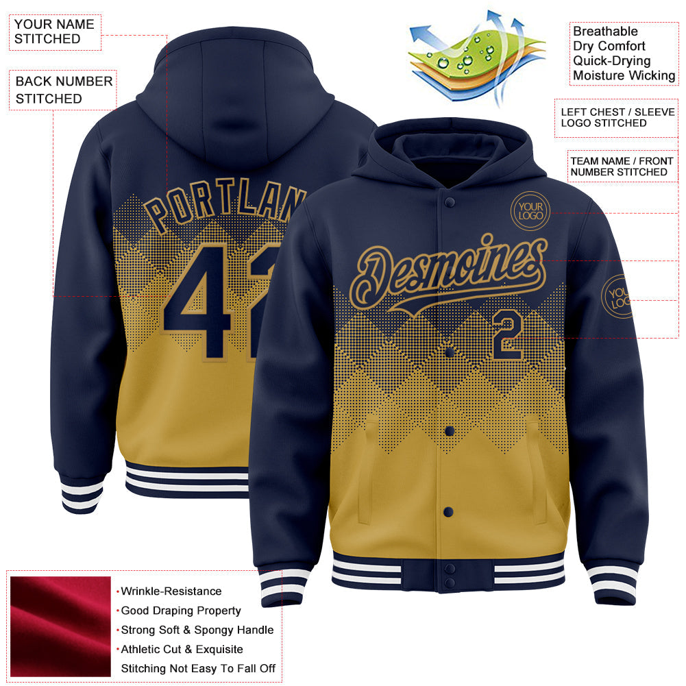 Custom Navy Old Gold-White Gradient Square Shape 3D Pattern Design Bomber Full-Snap Varsity Letterman Hoodie Jacket view 3