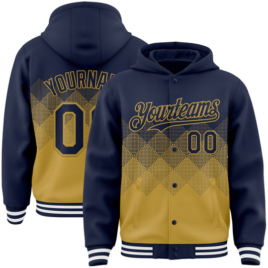 Custom Navy Old Gold-White Gradient Square Shape 3D Pattern Design Bomber Full-Snap Varsity Letterman Hoodie Jacket - Main View