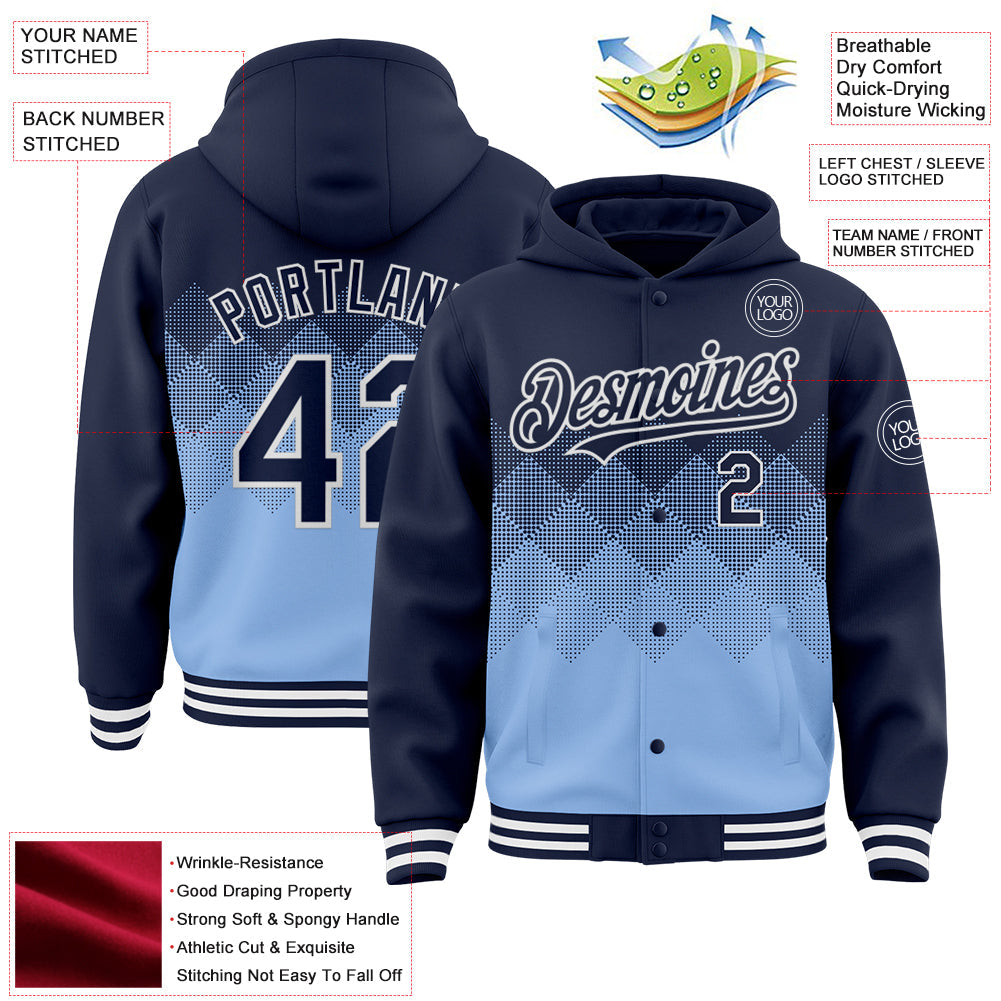 Custom Navy Light Blue-White Gradient Square Shape 3D Pattern Design Bomber Full-Snap Varsity Letterman Hoodie Jacket view 3