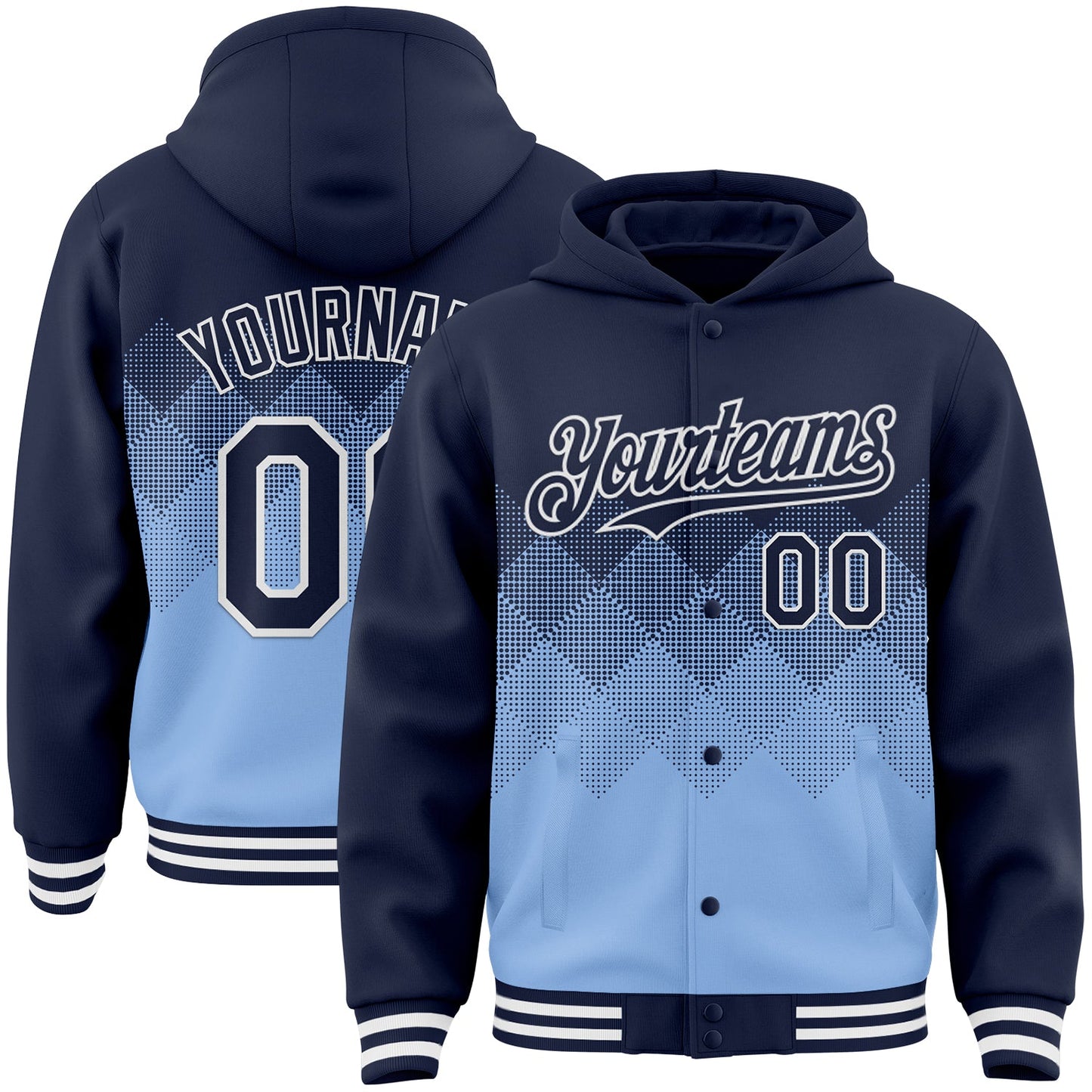 Custom Navy Light Blue-White Gradient Square Shape 3D Pattern Design Bomber Full-Snap Varsity Letterman Hoodie Jacket - Main View