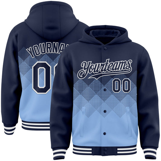 Custom Navy Light Blue-White Gradient Square Shape 3D Pattern Design Bomber Full-Snap Varsity Letterman Hoodie Jacket - Main View