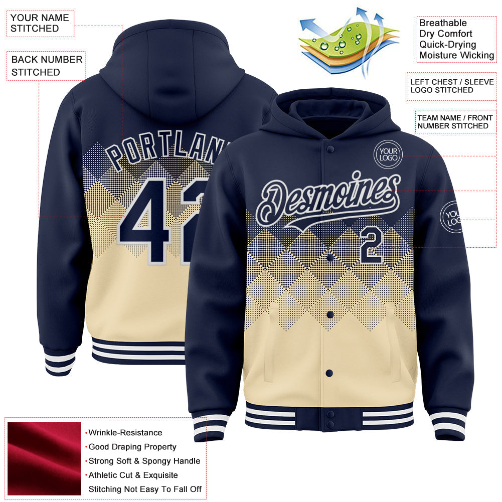 Custom Navy Cream-White Gradient Square Shape 3D Pattern Design Bomber Full-Snap Varsity Letterman Hoodie Jacket view 3