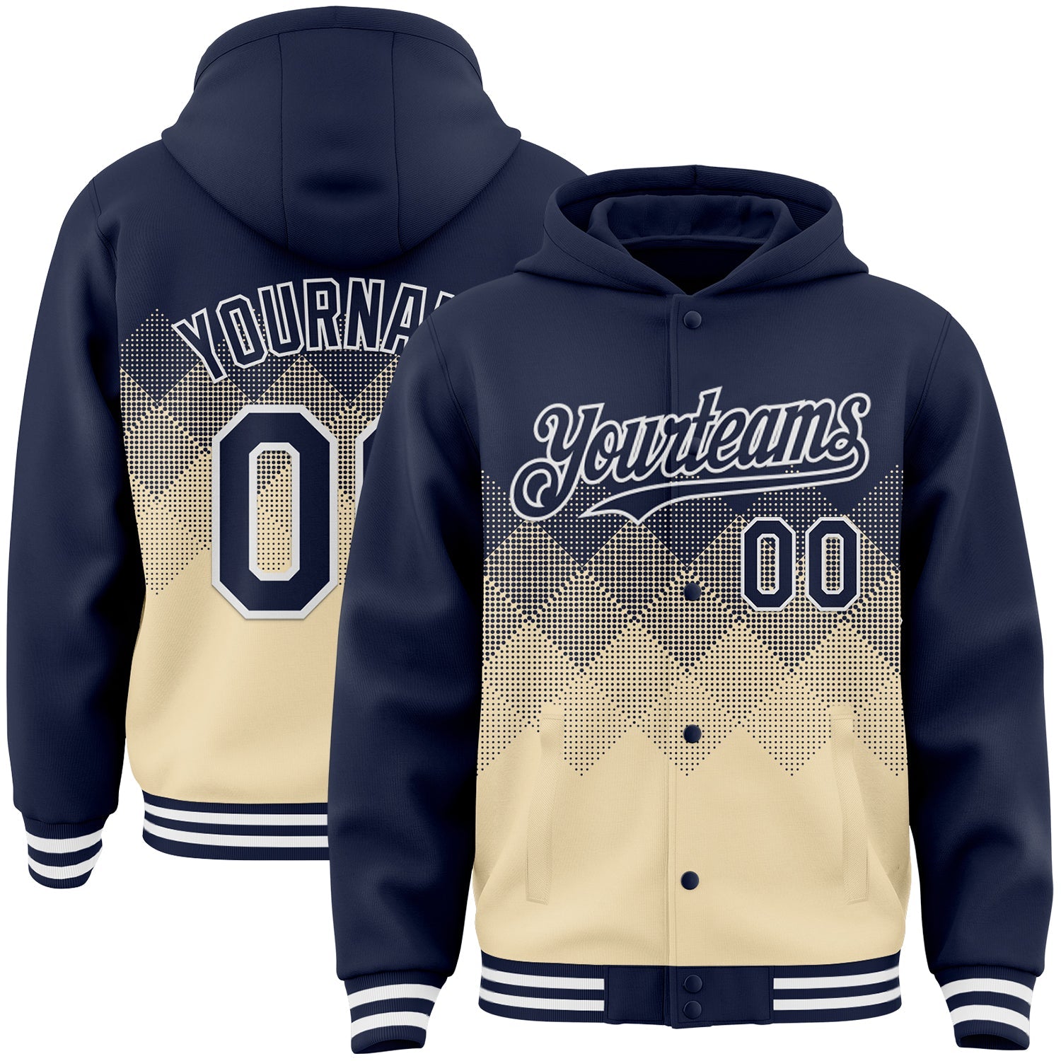 Custom Navy Cream-White Gradient Square Shape 3D Pattern Design Bomber Full-Snap Varsity Letterman Hoodie Jacket - Main View