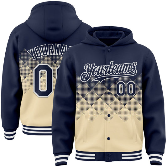 Custom Navy Cream-White Gradient Square Shape 3D Pattern Design Bomber Full-Snap Varsity Letterman Hoodie Jacket - Main View