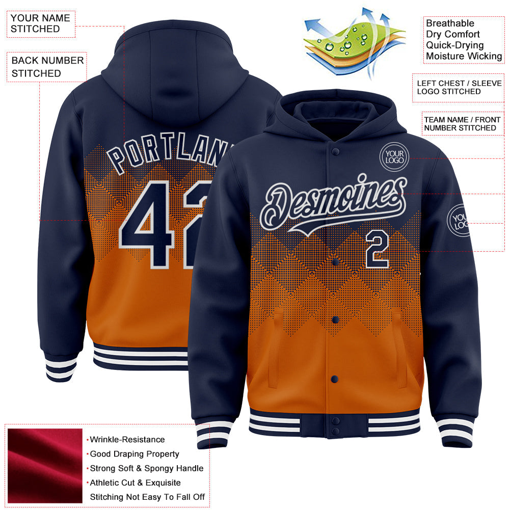 Custom Navy Texas Orange-White Gradient Square Shape 3D Pattern Design Bomber Full-Snap Varsity Letterman Hoodie Jacket view 3
