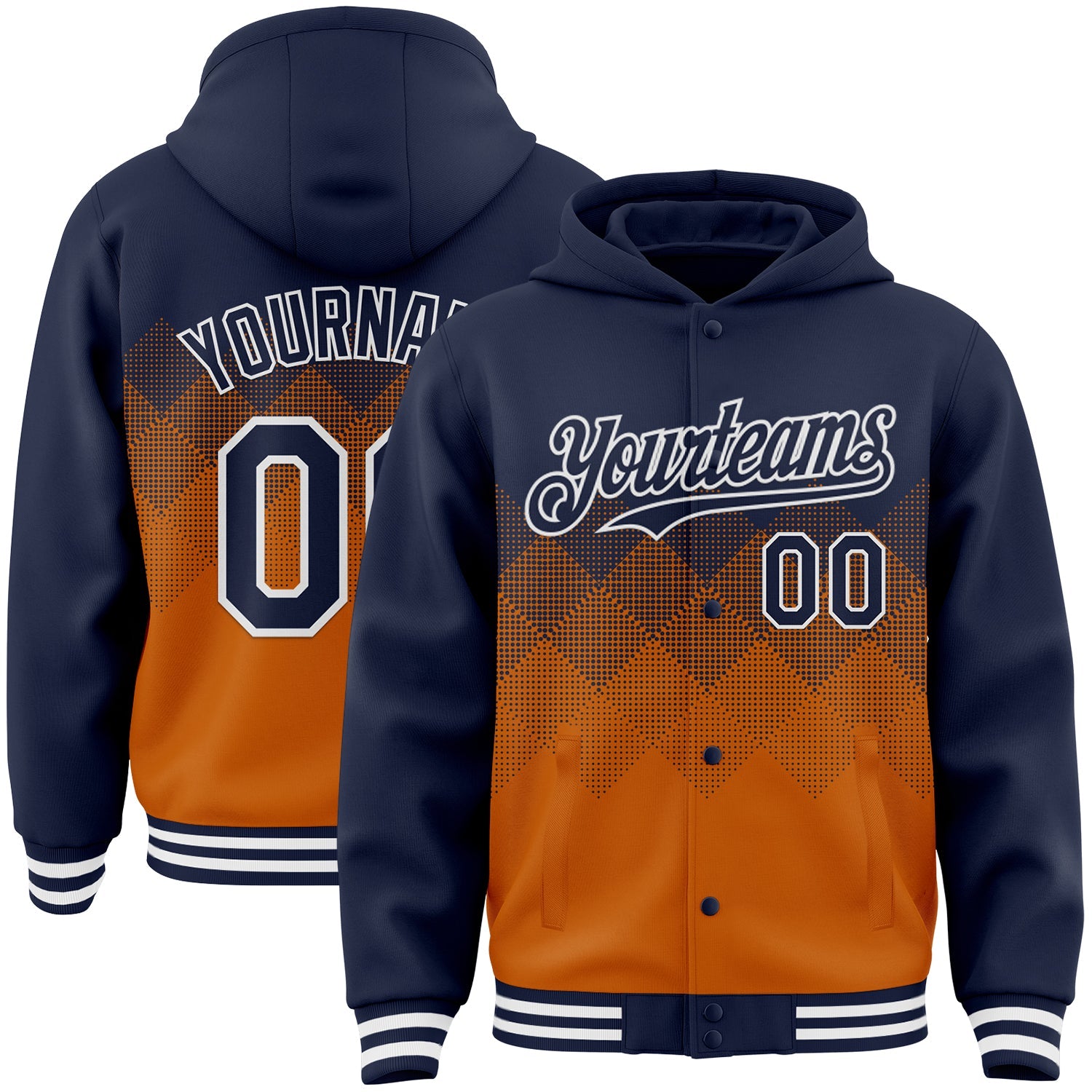 Custom Navy Texas Orange-White Gradient Square Shape 3D Pattern Design Bomber Full-Snap Varsity Letterman Hoodie Jacket - Main View