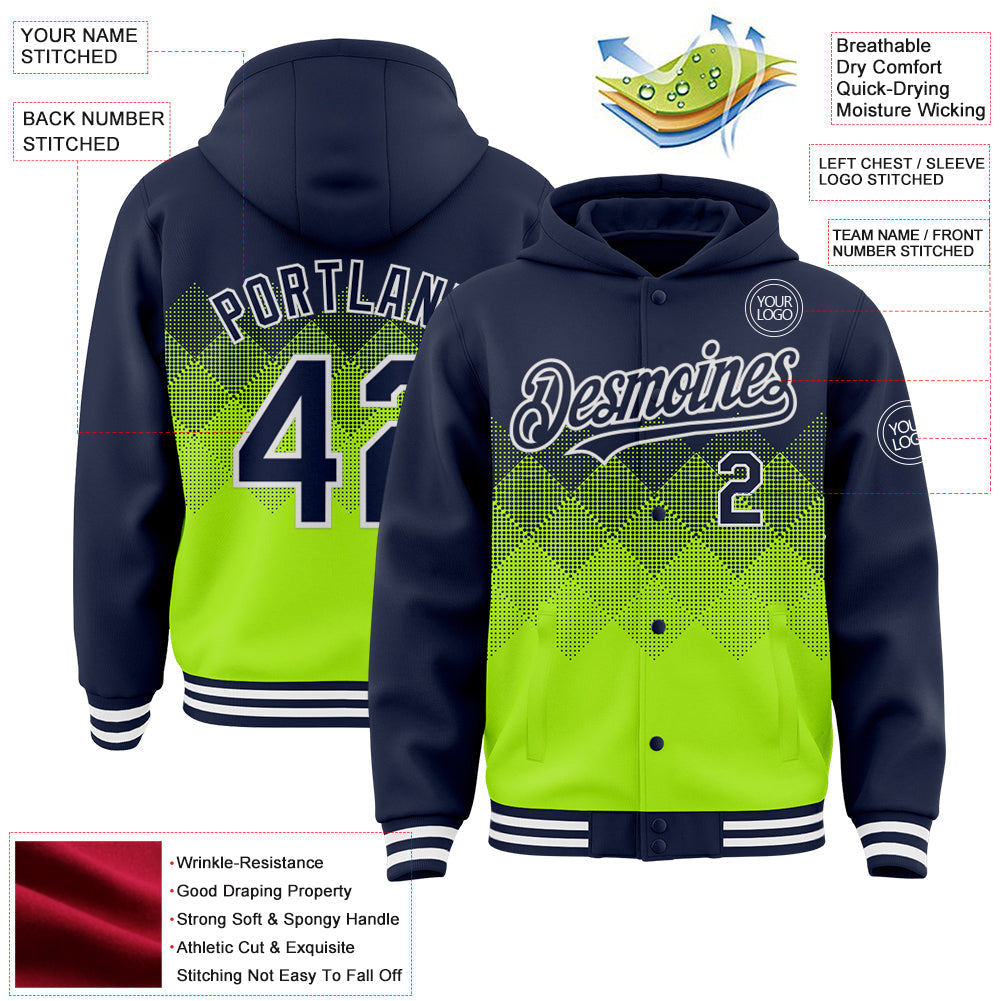 Custom Navy Neon Green-White Gradient Square Shape 3D Pattern Design Bomber Full-Snap Varsity Letterman Hoodie Jacket view 3