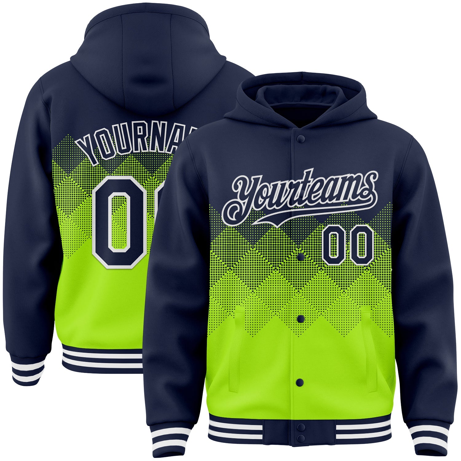 Custom Navy Neon Green-White Gradient Square Shape 3D Pattern Design Bomber Full-Snap Varsity Letterman Hoodie Jacket - Main View