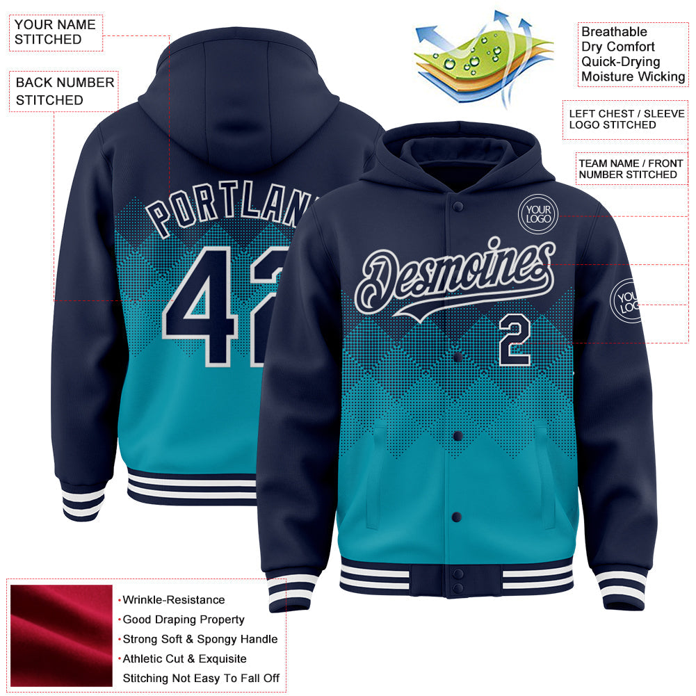 Custom Navy Teal-White Gradient Square Shape 3D Pattern Design Bomber Full-Snap Varsity Letterman Hoodie Jacket view 3