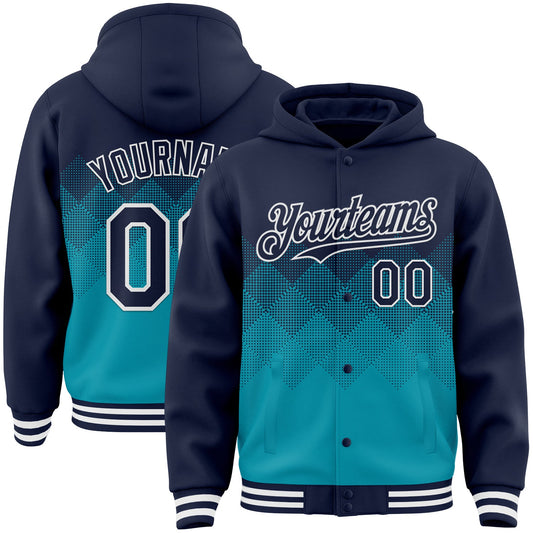 Custom Navy Teal-White Gradient Square Shape 3D Pattern Design Bomber Full-Snap Varsity Letterman Hoodie Jacket - Main View