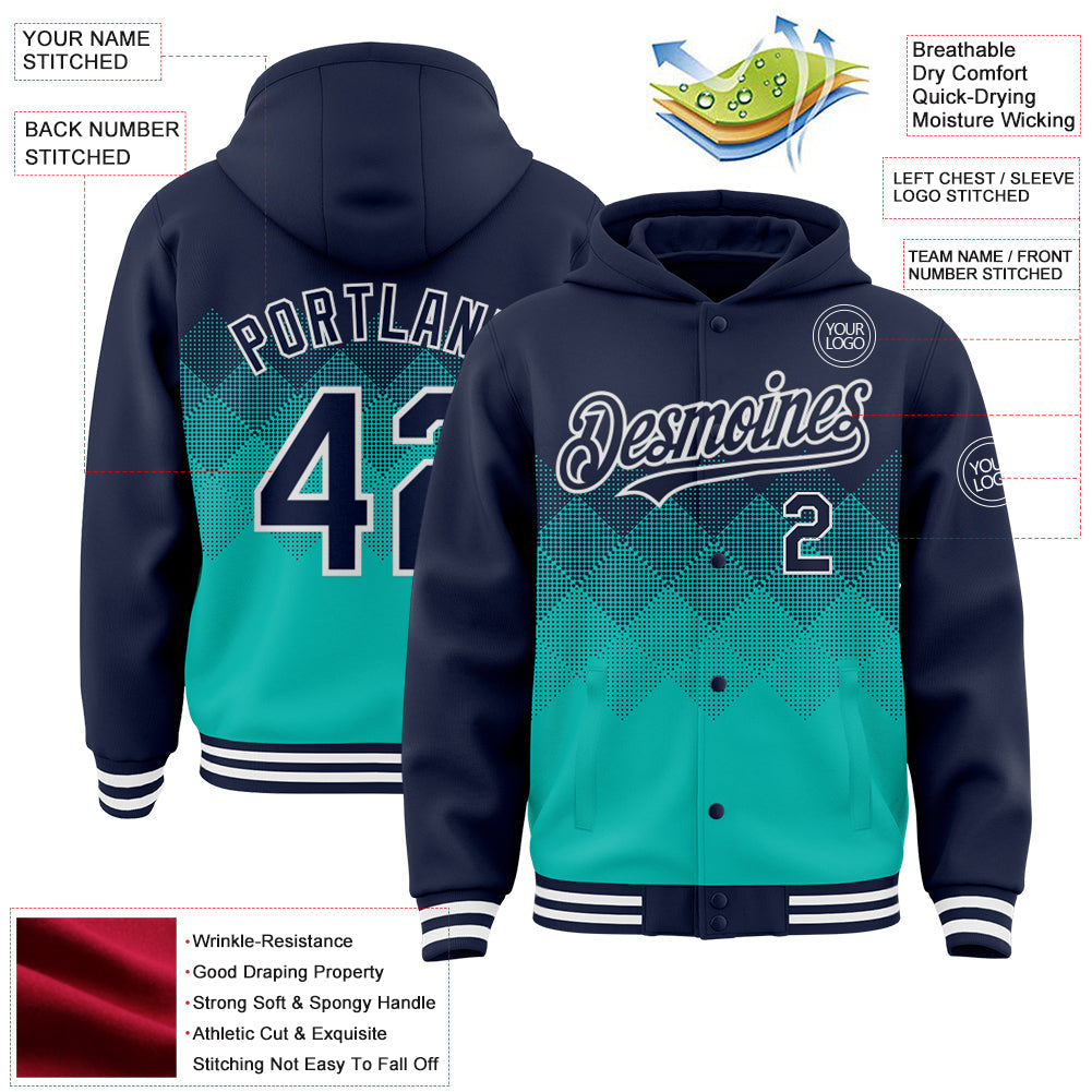 Custom Navy Aqua-White Gradient Square Shape 3D Pattern Design Bomber Full-Snap Varsity Letterman Hoodie Jacket view 3