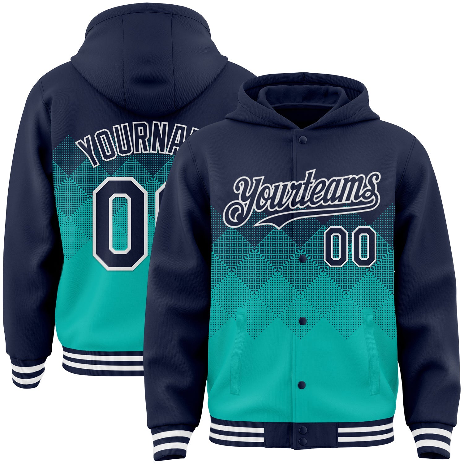 Custom Navy Aqua-White Gradient Square Shape 3D Pattern Design Bomber Full-Snap Varsity Letterman Hoodie Jacket - Main View
