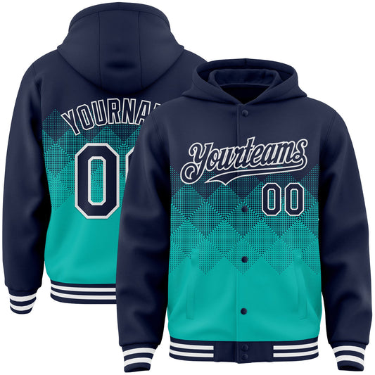 Custom Navy Aqua-White Gradient Square Shape 3D Pattern Design Bomber Full-Snap Varsity Letterman Hoodie Jacket - Main View