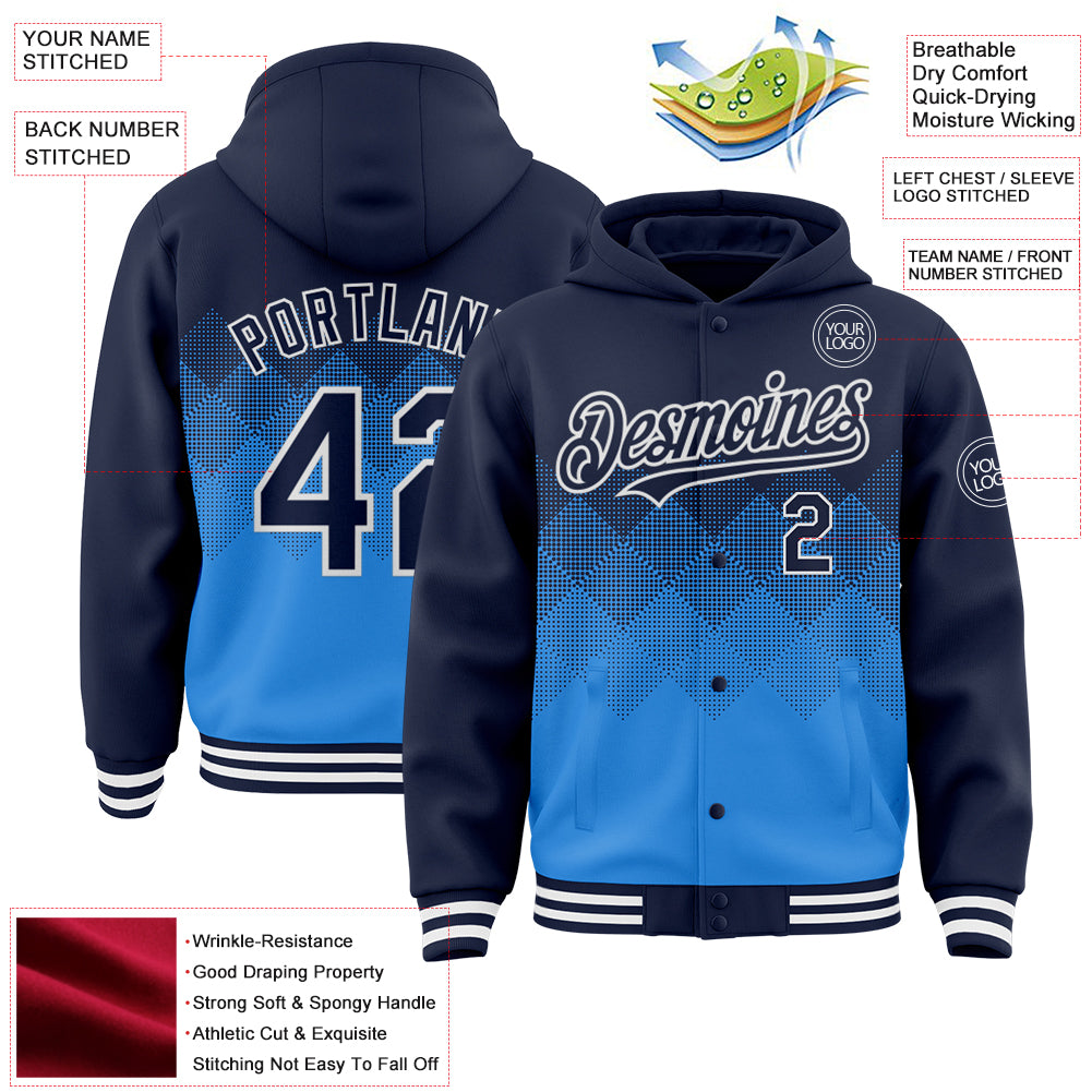Custom Navy Powder Blue-White Gradient Square Shape 3D Pattern Design Bomber Full-Snap Varsity Letterman Hoodie Jacket view 3