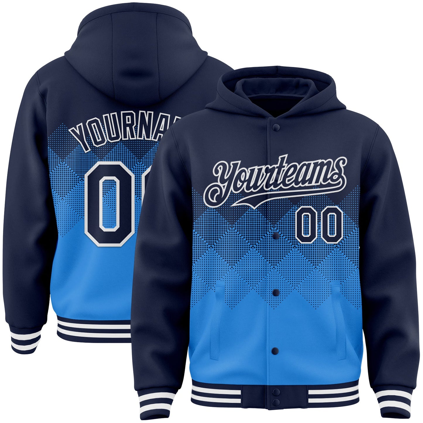 Custom Navy Powder Blue-White Gradient Square Shape 3D Pattern Design Bomber Full-Snap Varsity Letterman Hoodie Jacket - Main View