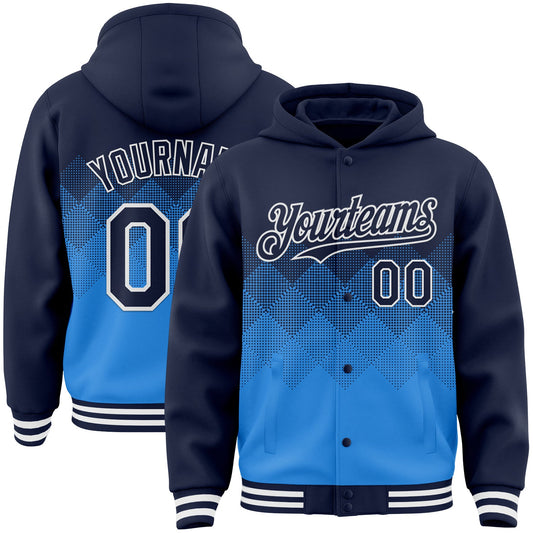 Custom Navy Powder Blue-White Gradient Square Shape 3D Pattern Design Bomber Full-Snap Varsity Letterman Hoodie Jacket - Main View