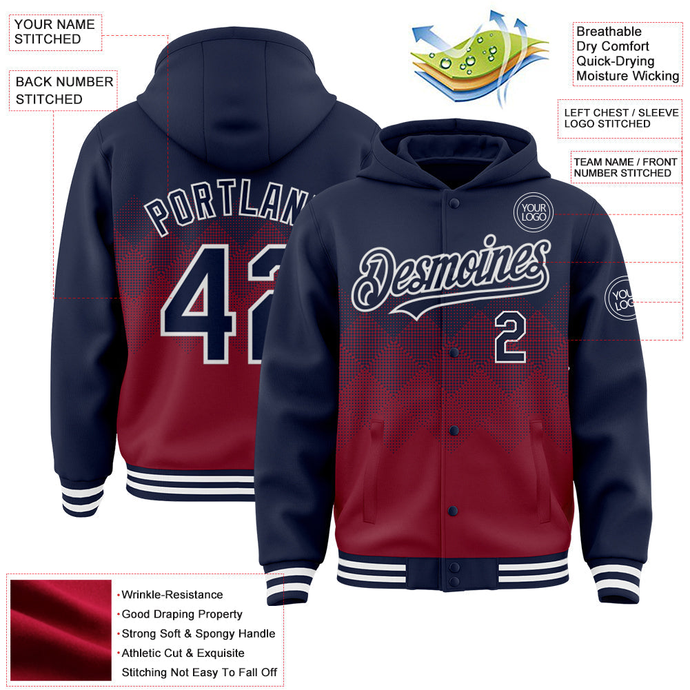 Custom Navy Crimson-White Gradient Square Shape 3D Pattern Design Bomber Full-Snap Varsity Letterman Hoodie Jacket view 3