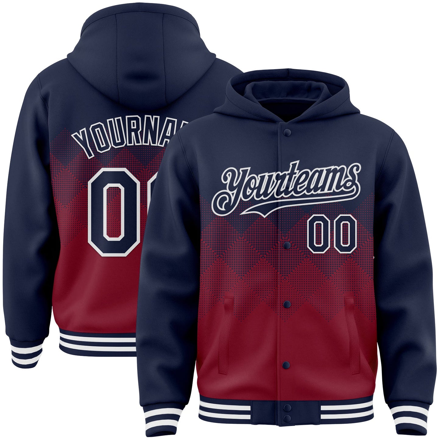 Custom Navy Crimson-White Gradient Square Shape 3D Pattern Design Bomber Full-Snap Varsity Letterman Hoodie Jacket - Main View