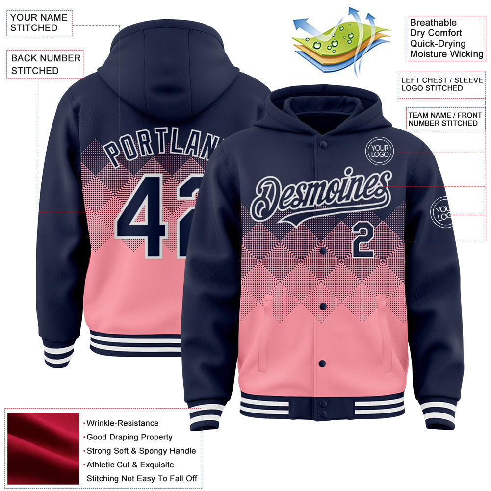 Custom Navy Medium Pink-White Gradient Square Shape 3D Pattern Design Bomber Full-Snap Varsity Letterman Hoodie Jacket view 3