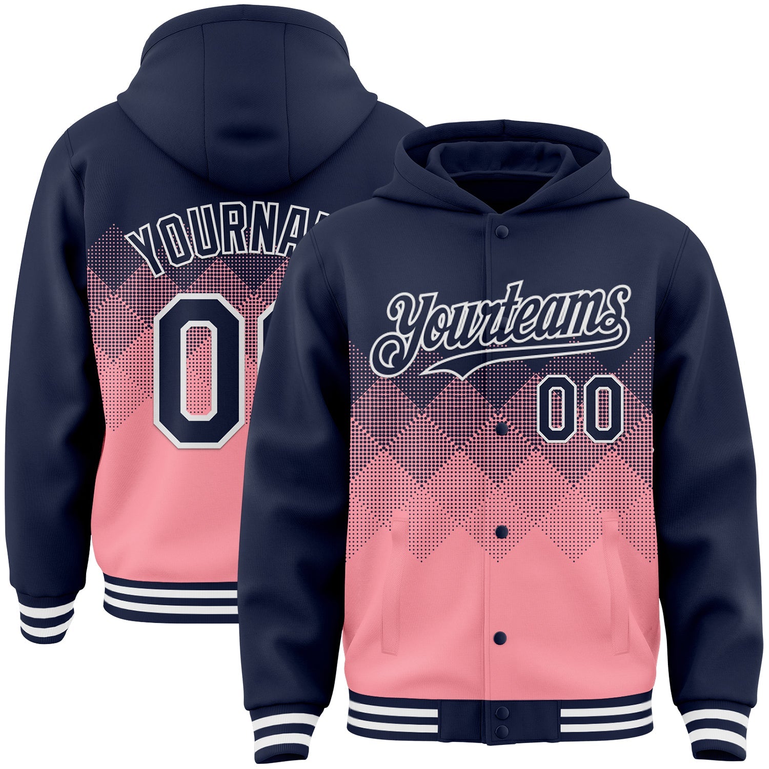 Custom Navy Medium Pink-White Gradient Square Shape 3D Pattern Design Bomber Full-Snap Varsity Letterman Hoodie Jacket - Main View