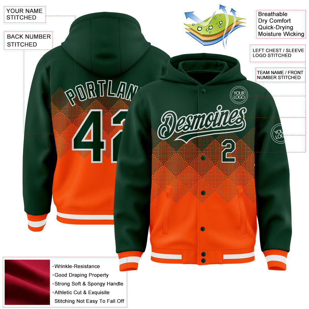 Custom Green Orange-White Gradient Square Shape 3D Pattern Design Bomber Full-Snap Varsity Letterman Hoodie Jacket view 3