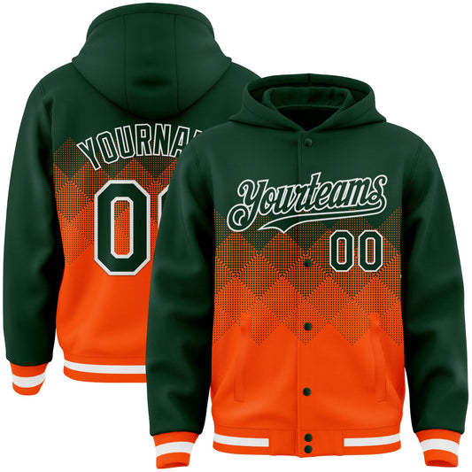 Custom Green Orange-White Gradient Square Shape 3D Pattern Design Bomber Full-Snap Varsity Letterman Hoodie Jacket - Main View