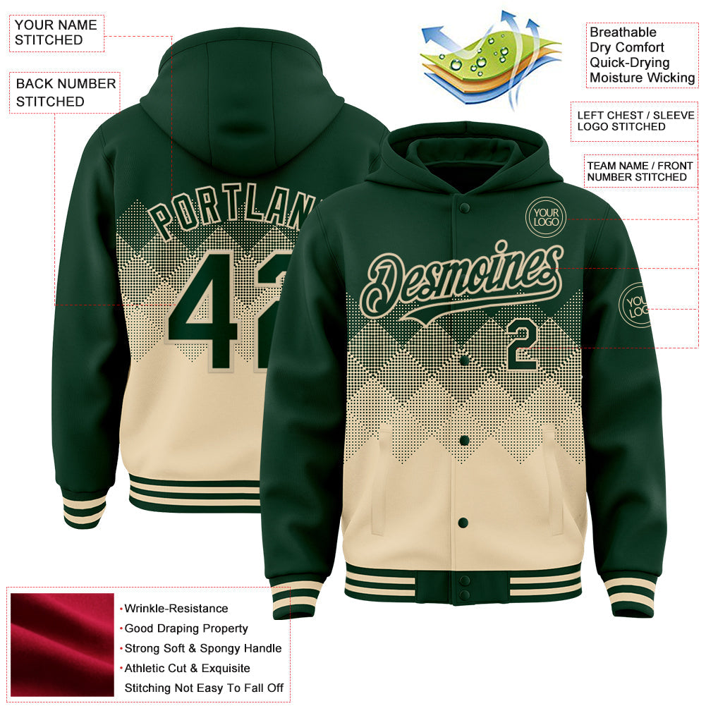Custom Green Cream Gradient Square Shape 3D Pattern Design Bomber Full-Snap Varsity Letterman Hoodie Jacket view 3